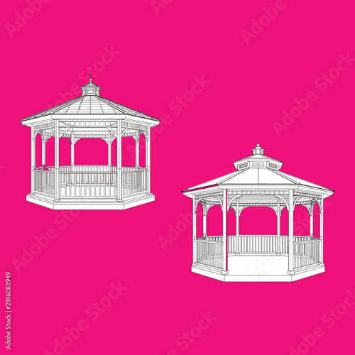 Two Elegant Gazebo Structures Line Illustration with Ornamental Columns Railings Roof Details and Decorative Garden Pavilion Design