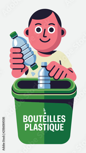 recycling plastic bottles flat vector illustration,  Person recycling plastic bottles into a green container, environmental protection, recycling awareness, and sustainable living.