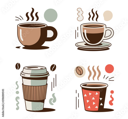 Coffee cups with decorative steam elements on clean white background, stylish beverage icon collection for cafe branding, restaurant menus, coffee shops, and advertising.