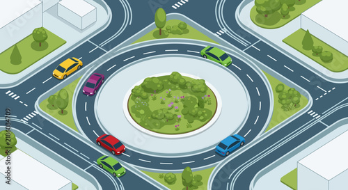 Isometric traffic roundabout with cars and green island. Urban transport intersection.