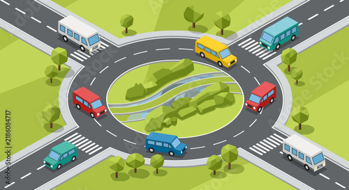 Isometric Traffic Roundabout with Cars, Buses, and Trees - Urban Intersection