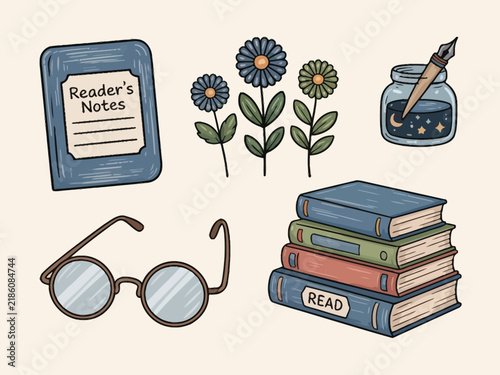 Hand drawn stationery collection with books flowers and glasses in delicate watercolor style, artistic study supplies