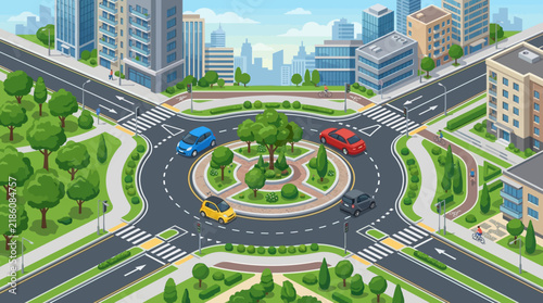Modern city traffic roundabout with cars, trees, buildings, and pedestrian crossings