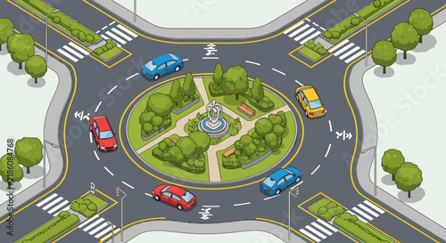 Modern traffic roundabout with cars, trees, and fountain, aerial view