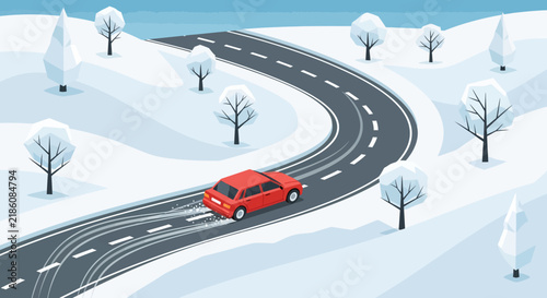 Red car driving on a winding road in a snowy winter landscape with trees