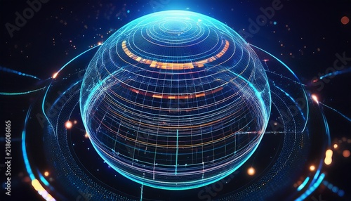 Plakat futuristic data visualization with layered probability fields and central prediction orb in dark space