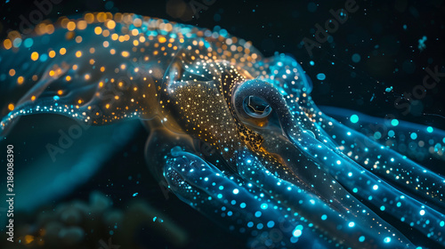 Bioluminescent glowing cuttlefish squid with glowing neon spots in deep sea coral reef