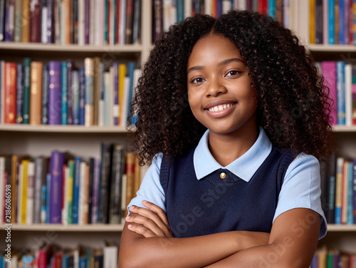 Portrait of a Smiling African American Schoolgirl in Uniform at the Library