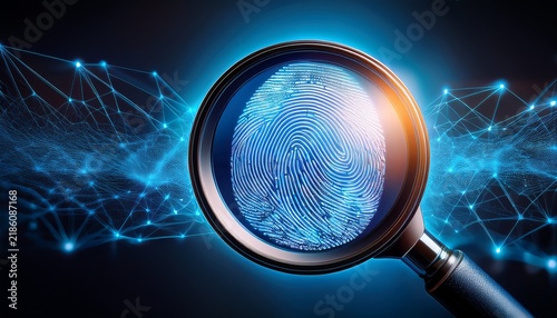 magnifying glass revealing a glowing blue digital fingerprint and connected network nodes conveying scrutiny and high tech investigation