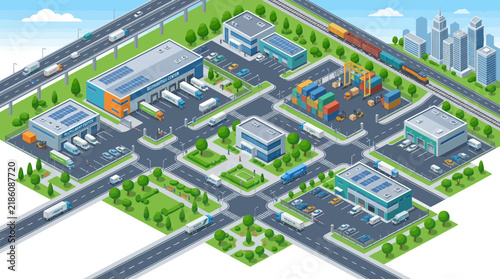 Isometric industrial park with logistics, warehouses, trucks, containers, and city skyline