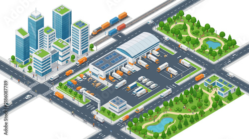 Isometric Logistics Hub: Trucks, Trains, City, Warehouse, Greenery