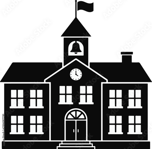 Traditional School Building Silhouette Icon with Bell and Clock for Educational Institutions and Learning Design