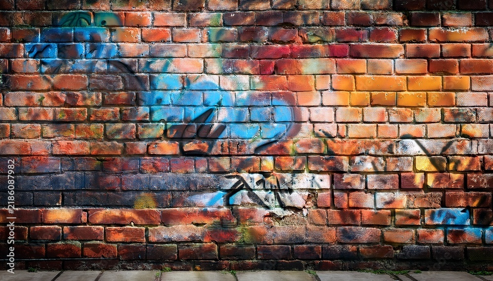 Fototapeta premium distressed brick wall with graffiti remnants