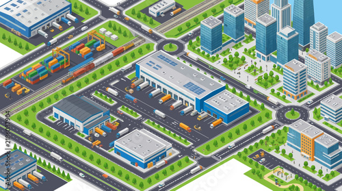 Isometric logistics hub with cargo trucks, containers, trains, and modern city buildings.
