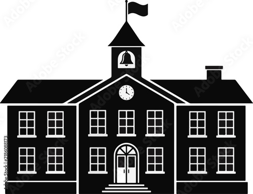 Traditional School Building Silhouette Icon with Bell and Clock for Educational Institutions and Learning Design