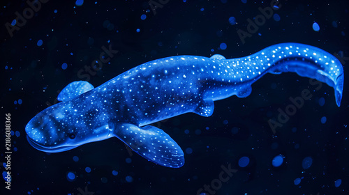 Bioluminescent glowing blue shark with spotted pattern swimming in deep ocean fantasy background