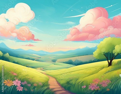 bright summer landscape with minimalist art style featuring soft pastel colors