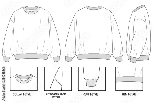 Premium Crew Neck Sweatshirt Technical Flat Sketch Front Back Side View Apparel Design
