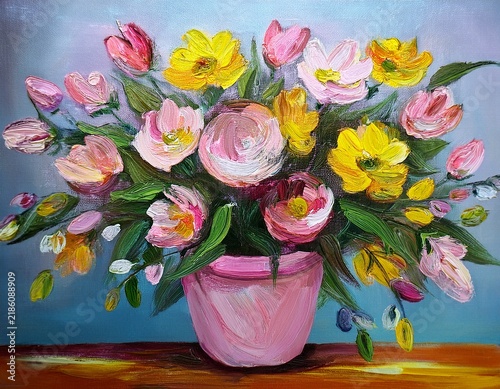 expressionist floral still life oil art bouquet of pink and yellow flowers in a pink pot