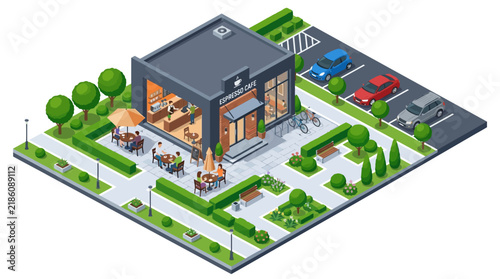 Isometric coffee shop with outdoor seating, people, cars, and landscaping