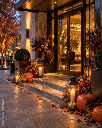 Elegant Halloween Entrance With Pumpkins and Lanterns at Dusk