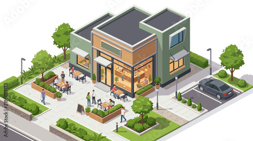 Isometric modern cafe building with outdoor seating and parking
