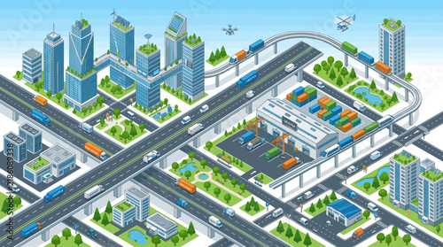 Isometric Smart City with Futuristic Transportation and Green Buildings