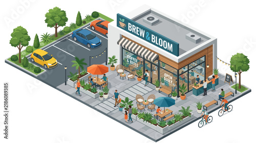 Modern Cafe & Eatery with Outdoor Seating and Parking, Isometric View