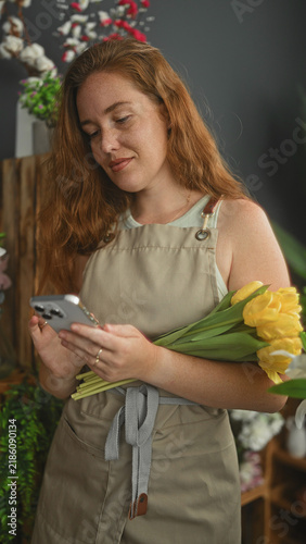Cuadro en lienzo Woman florist in apron holding yellow tulips and tapping smartphone screen inside a building; calm focus