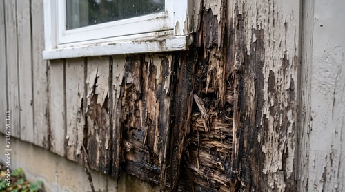 Rotten Wooden Siding Near Window Showing Penetrating Rainwater Detailed Fibers And Peeling Coating For Home Repair