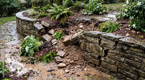 Cracked Garden Retaining Wall With Displaced Soil And Wet Masonry After Heavy Rainfall - Detailed Damage