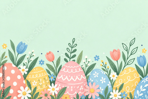 Pastel Easter eggs and spring flowers form a decorative border on a mint green background
