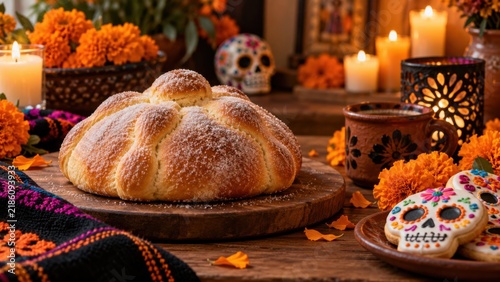 Pan de Muerto Bread with Marigolds and Sugar Skull Decorations