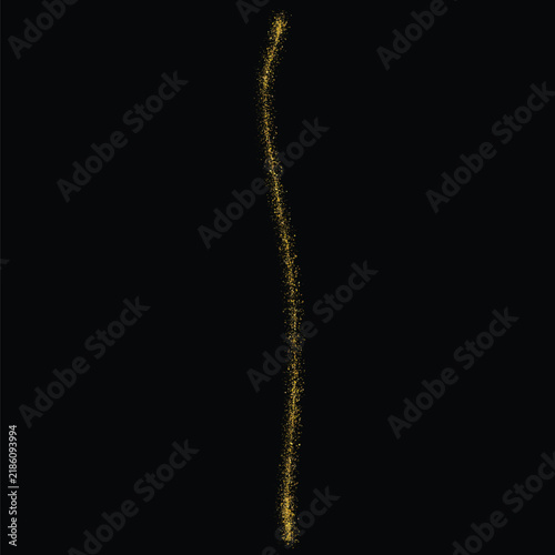 A single vertical wavy line made of shimmering gold glitter particles isolated against a solid black background surface