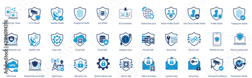 Cyber Security and Data Protection Icon Set Collection with Shield Lock Privacy Network Security Authentication VPN Secure Communication and Digital Protection Vector Icons
