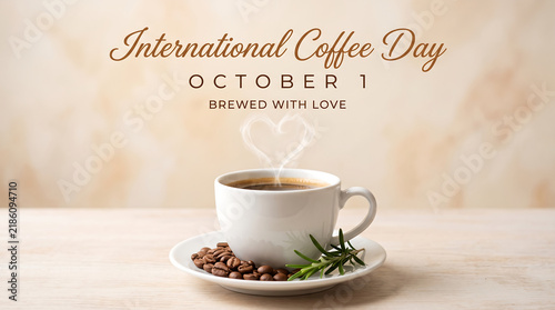 International Coffee Day October 1, White ceramic cup with hot coffee, steaming heart shape, roasted beans, fresh rosemary sprig on wooden table