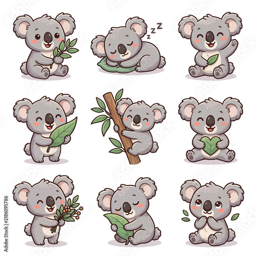 Wall Mural Cute Cartoon Koala Character Set with Various Poses and Eucalyptus Leaves for Ki