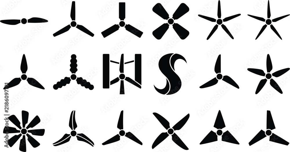Fototapeta premium Wind turbine rotor icon set with black silhouettes for renewable energy and clean power