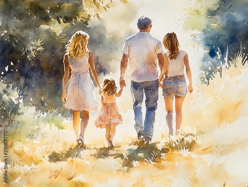 Watercolor painting of a family of four, parents and two daughters, walking handinhand