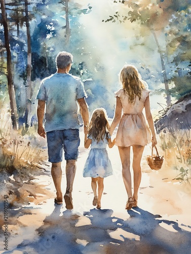 Watercolor painting of a family of four, parents and two daughters, walking handinhand