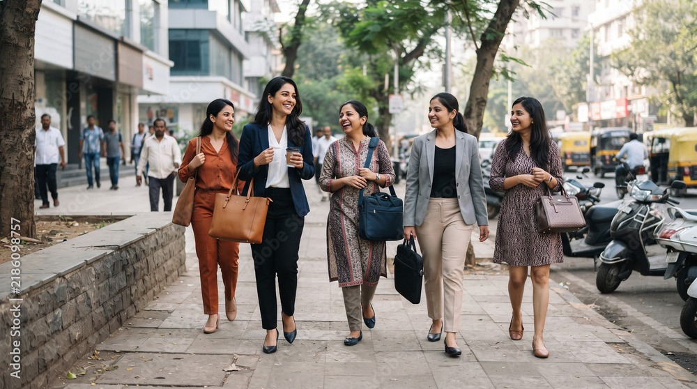 Fototapeta premium Group of Indian women walking on a city street during the day