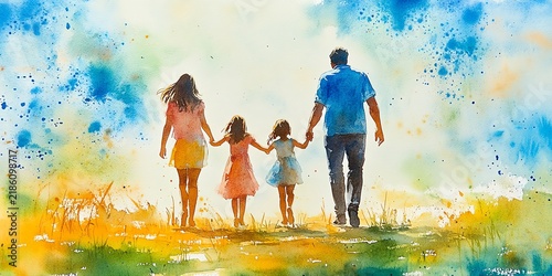 Watercolor painting of a family of four, parents and two daughters, walking handinhand