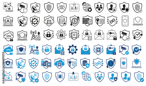 Cyber Security and Data Protection Icon Set Collection with Shield Lock Privacy Network Security Authentication VPN Secure Communication and Digital Protection Vector Icons