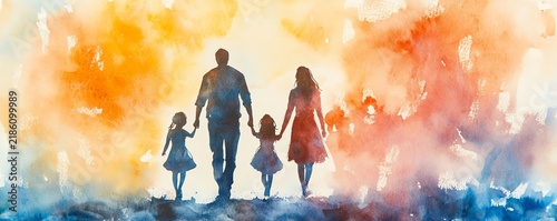 Watercolor painting of a family of four, parents and two daughters, walking handinhand