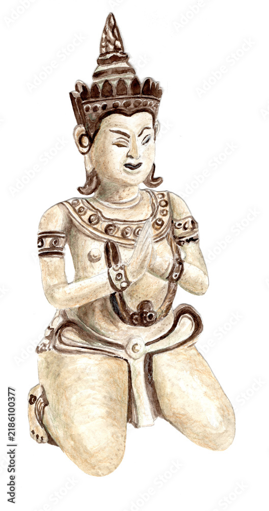Fototapeta premium Thai ceramic figure of kneeling dancer in Anjali Mudra, Si Satchanalai Thailand (14th-15th century AD). Sukhothai kingdom glazed stoneware, worshipping Apsara figurine. Artwork.