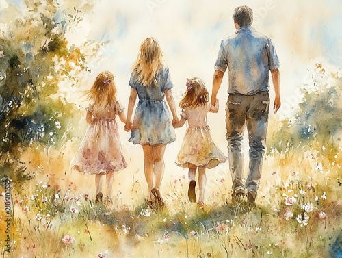 Watercolor painting of a family of four, parents and two daughters, walking handinhand