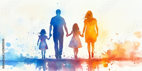 Watercolor painting of a family of four, parents and two daughters, walking handinhand