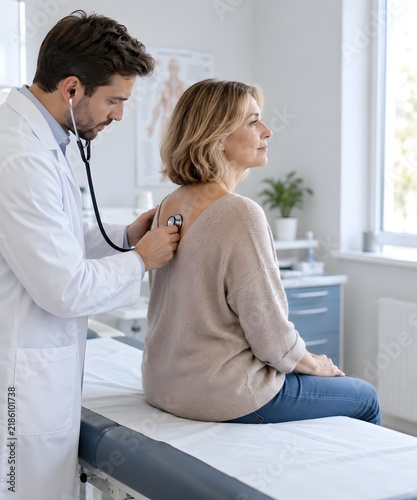 Doctor examining patient in medical office using a stethoscope