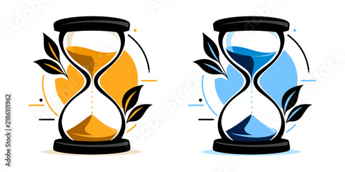 Modern Hourglass Vector with Flowing Sand, Botanical Leaves and Time Concept.