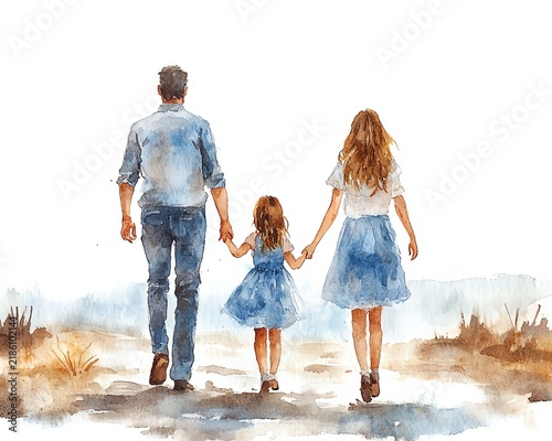 Watercolor painting of a family of four, parents and two daughters, walking handinhand